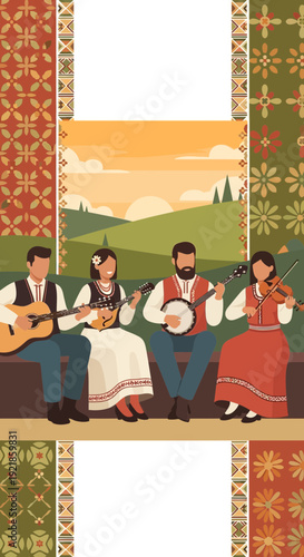 Folk Band Playing Traditional Instruments Outdoors At Sunset