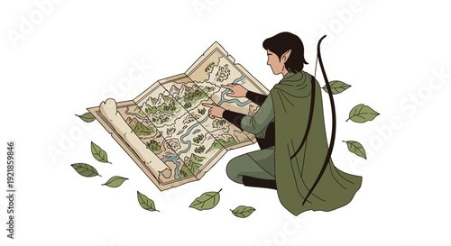 Forest Dweller Studying Ancient Map With Bow And Arrow