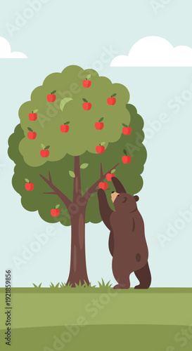 Forest Dweller Reaches For Ripe Orchard Fruit Illustration