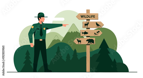 Forest Ranger Directing Towards Diverse Wildlife Habitats In The Mountains
