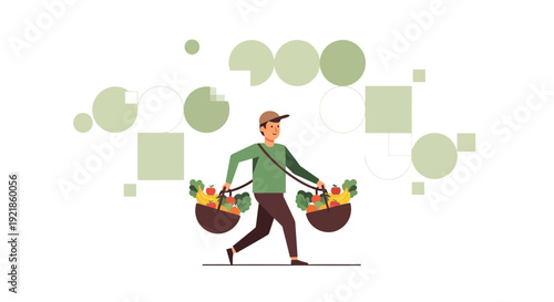 Fresh Produce Delivery: A Vector Illustration of a Person Carrying Baskets Full of Food