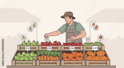 Fresh Produce Farmer Arranging Colorful Fruits And Vegetables At Market Stall