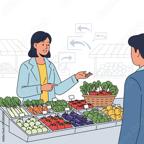Fresh Produce Market Interaction With Friendly Vendor Offering Healthy Groceries