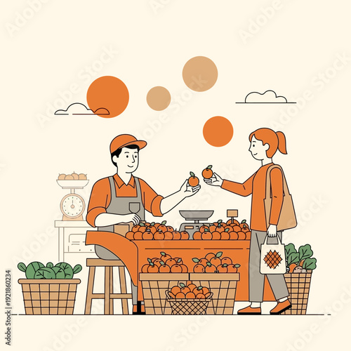 Fresh Produce Market Scene With Seller And Customer Buying Fruit