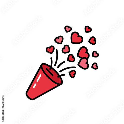 Red party popper with hearts exploding out.