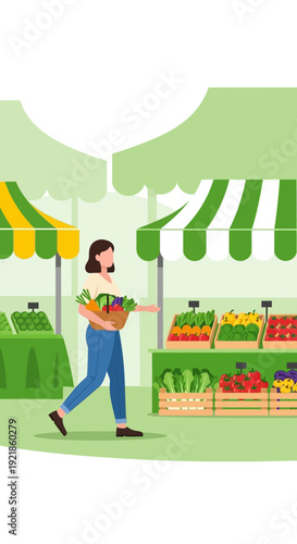 Fresh Produce Market Scene With Woman Shopping For Healthy Food Choices