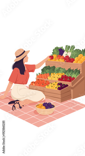 Fresh Produce Market Scene Woman Choosing Healthy Groceries
