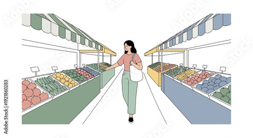 Fresh Produce Market Scene With Woman Shopping