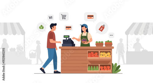 Fresh Produce Purchase At The Market With Digital Payment Options