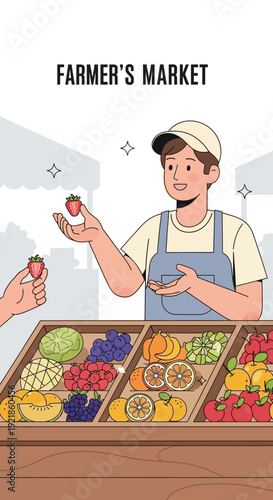 Fresh Produce Vendor Offering Delicious Strawberry At Farmers Market