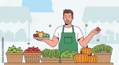 Fresh Produce Vendor Offering Healthy Fruits And Vegetables At Market Stall