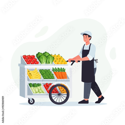 Fresh Produce Vendor Pushing Cart Full of Fruits and Vegetables