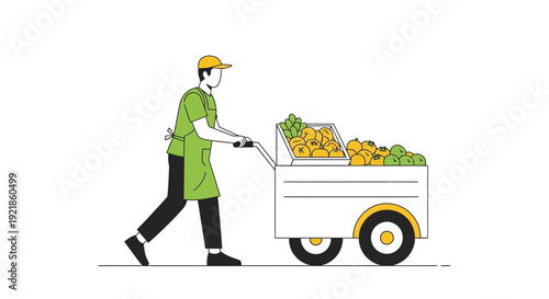 Fresh Produce Vendor Pushing Cart Of Fruits And Vegetables