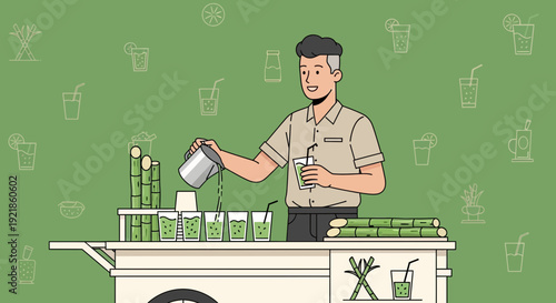 Fresh Sugarcane Juice Vendor Preparing Refreshing Beverages