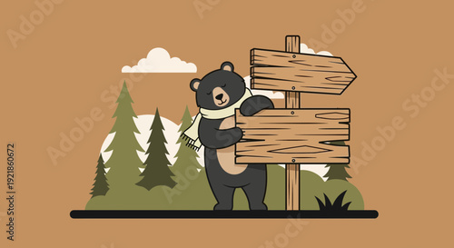 Friendly Bear With Signpost In Forest Setting