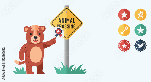 Friendly Bear Points To Animal Crossing Sign With Award Ribbons And Icons