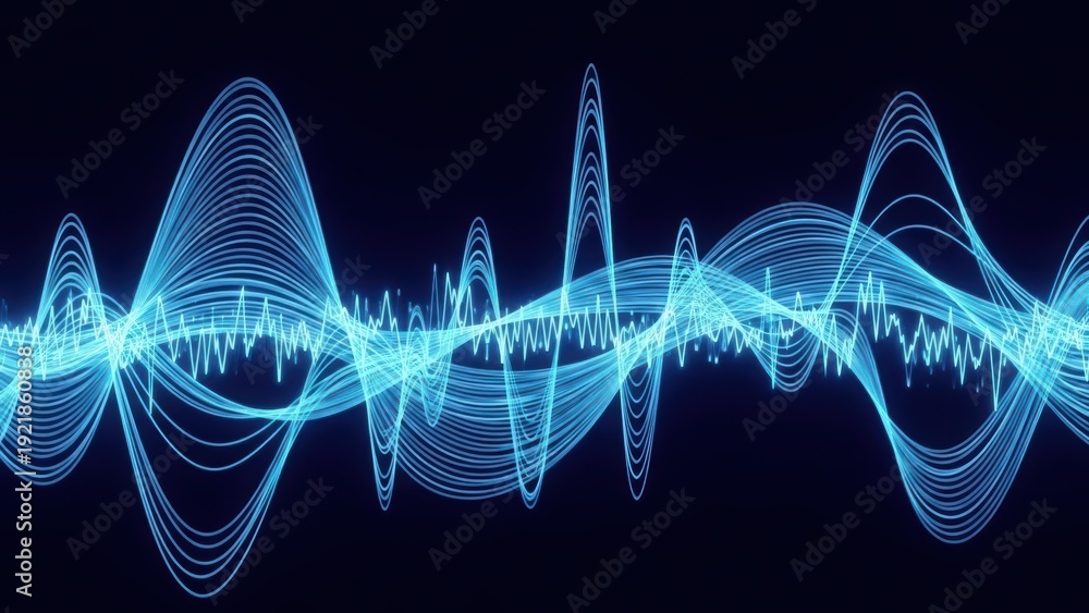 Fototapeta premium Abstract blue sound waves and frequency patterns on a dark background
