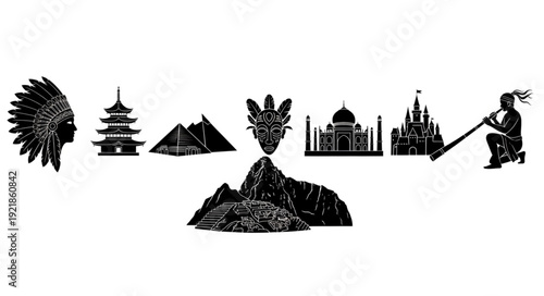 Collection of famous landmarks and cultural symbols from around the world.