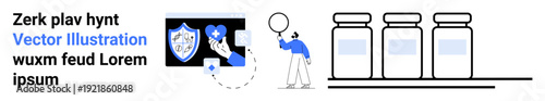 Person examining digital health data with shield icon. Three vaccine bottles represent medicine development. Ideal for technology, innovation, medicine, research, safety, healthcare, simple landing