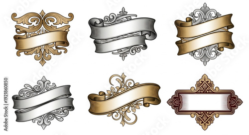 Collection of ornate vintage banners and labels with decorative elements.
