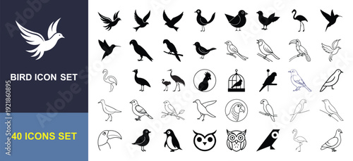 Bird Silhouette and Line Icon Set with Owl, Parrot, Flamingo, Sparrow, Eagle and Flying Bird Symbols