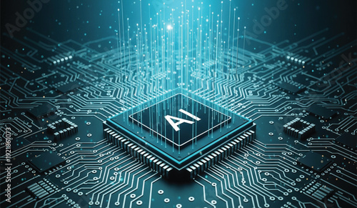 Artificial Intelligence AI Processor Chip on Digital Circuit Board with Glowing Blue Data Light Rays for Future Computing Machine Learning and Supercomputer Technology