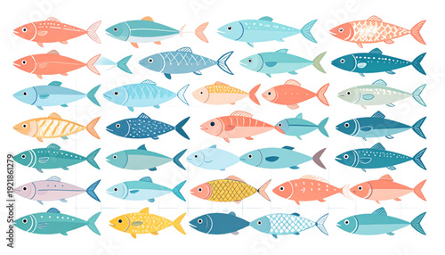 Vibrant school of fish swimming in a colorful pattern against a plain background isolated on transparent background