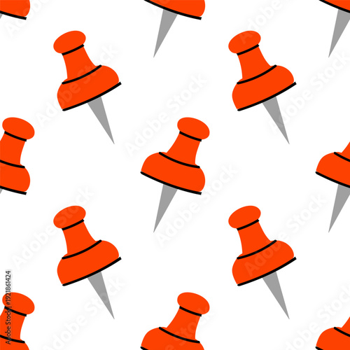 Cute seamless pattern with a red push pins. Office thumbtack print.