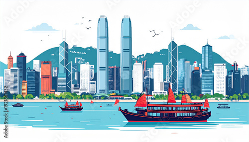 Vibrant skyline cityscape with modern buildings and bustling harbor activity isolated on transparent background