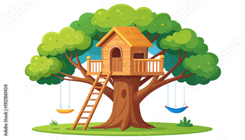 Whimsical treehouse nestled among lush green leaves and branches with a ladder leading up to it isolated on transparent background
