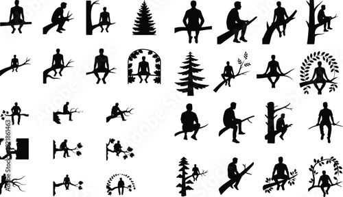 Man Sitting on Tree Silhouette Icon Vector Relaxing Man Tree Silhouette Icon Set
