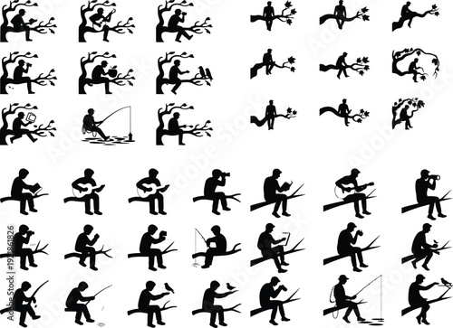 Man Sitting on Tree Silhouette Icon Vector Relaxing Man Tree Silhouette Icon Set