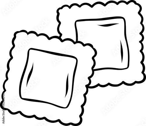 Pasta ravioli, simple black and white icon in doodle and sketch style. Hand-drawn illustration of square stuffed pasta for Italian culinary design and filled pasta dishes