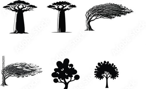 Collection of six distinct tree silhouettes with varied shapes and sizes