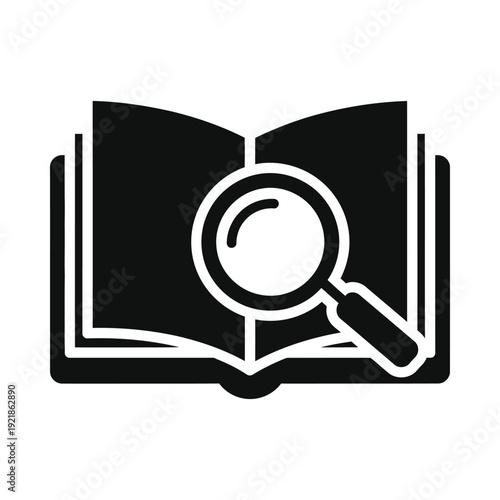 Black and white icon of an open book with magnifying glass, ui elements