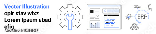 Business management, software development, data analysis, ERP solutions, organizational efficiency, automation. Gear, analytics dashboard ERP and workflow icons. Business management and software