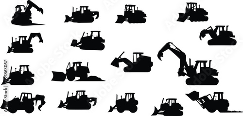 Construction machinery silhouette set vector illustration, excavator bulldozer loader heavy equipment collection, industrial vehicle icons, black machine shapes, isolated white background