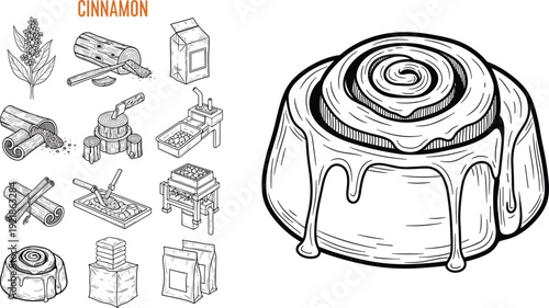 Cinnamon Production Process and Bakery Illustration Set with Hand Drawn Sketches of Cinnamon Bark Harvesting Grinding Packaging and Fresh Glazed Cinnamon Roll Pastry