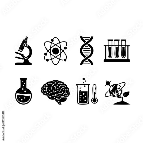 Diverse scientific icons representing various fields of study and research