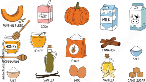 Hand Drawn Baking Ingredients Vector Set with Pumpkin Honey Milk Flour Eggs Cinnamon Vanilla Sugar Collection Illustration Bundle