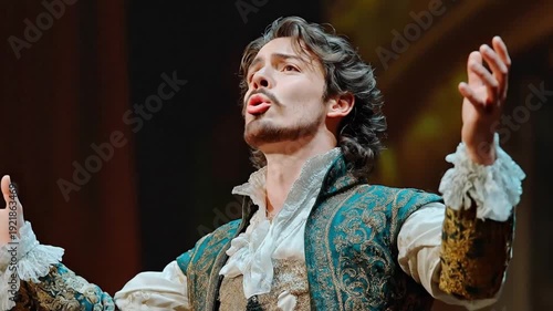 A male opera singer in historical costume performs an opera aria on a theatre stage.
