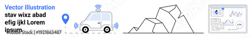 Autonomous vehicles, GPS navigation, geology, data analytics, research, sustainable tech. a car with GPS, rock formations and data charts. Autonomous vehicles and geology exploration