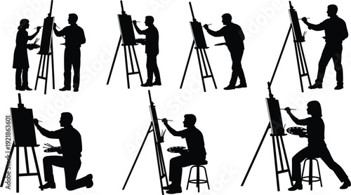 Artist painting silhouettes collection, creative painter at easel with canvas and palette, art studio icons set, isolated vector illustration