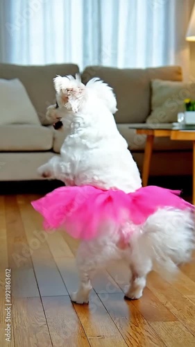 A funny lapdog in a pink skirt dances on its hind legs.