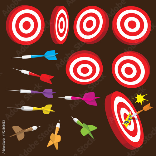 A set of dartboards and colorful darts. One dart has successfully struck a dartboard, which is marked with a 'Target' label and a bright yellow burst, emphasizing the moment of impact.