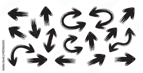 Hand painted arrows with brush texture, various shapes and styles, pointing directions