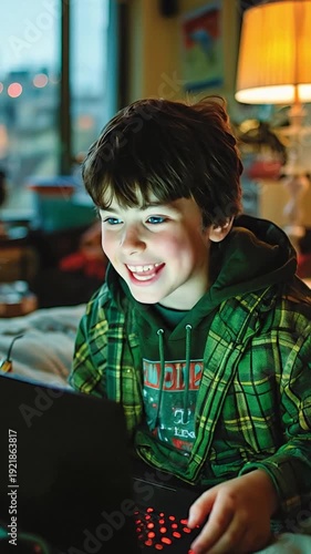 A school-age boy sits in front of a laptop at home, the screen illuminating his cheerful face.