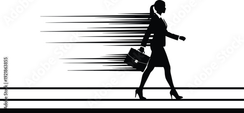 Businesswoman silhouette walking fast with briefcase, motion speed lines, career success concept, professional woman, corporate lifestyle illustration vector