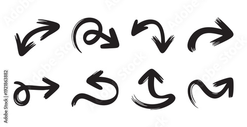 Bold brush stroke arrow set with hand drawn thick lines for energetic motion and directional navigation