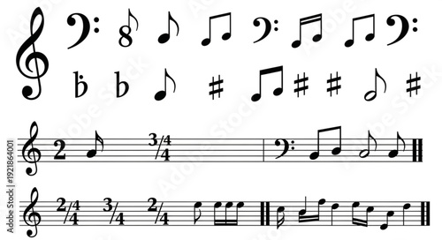 Musical Notation Symbols and Sheet Music Elements.